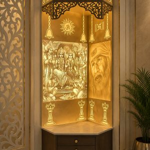 Premium Corner Corian Marble Temple with LED Backlit Divine Artwork