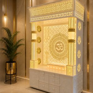 Golden Om Corian Mandir with LED Backlit Design
