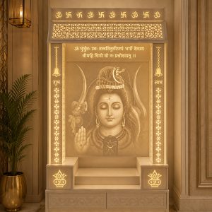 OM 3D Layer Corian Marble Mandir with LED Backlit Design