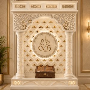Luxury White Glossy 3D Shree Ganesh Corian Marble Temple