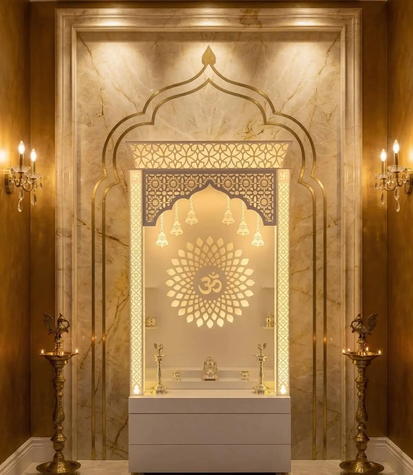 Luxury Two-Tier Jali Corian Marble Temple with Peacock-Inspired Design