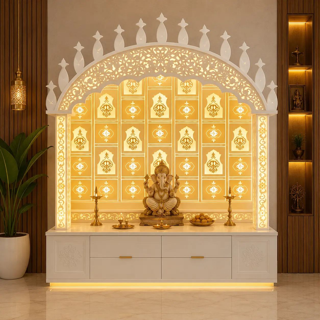 Corian Mandir With Jali and Warm Light