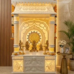 Royal 3D Corian Marble Temple with Backlit Pillars & Designer Dome