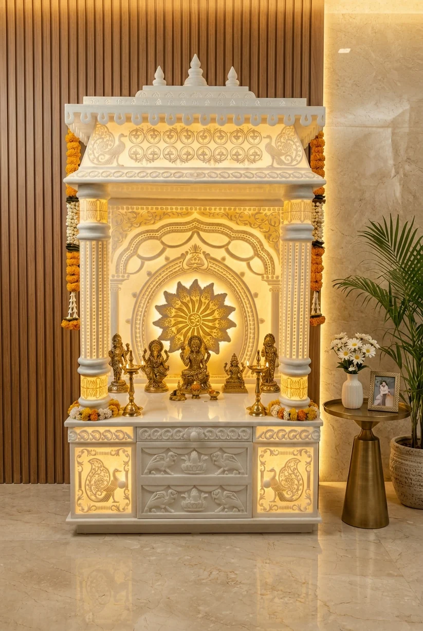 Royal 3D Corian Marble Temple with Backlit Pillars & Designer Dome